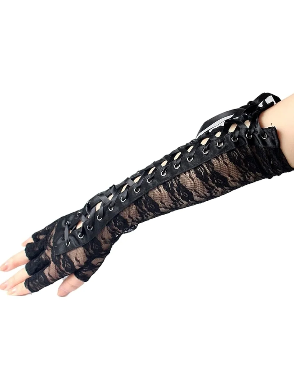 Black Lace Fingerless Opera Gloves with Ribbon Lacing